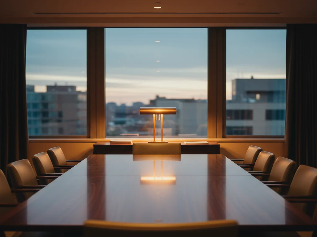 Private boutique investment firm deal room at dusk with a brass lamp lit and city beyond the windows