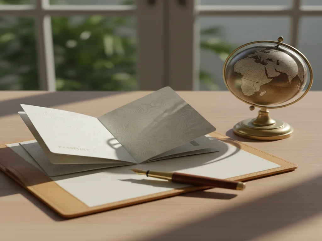 Open passport, brass globe, and leather portfolio with a fountain pen on a sunlit consultant's desk