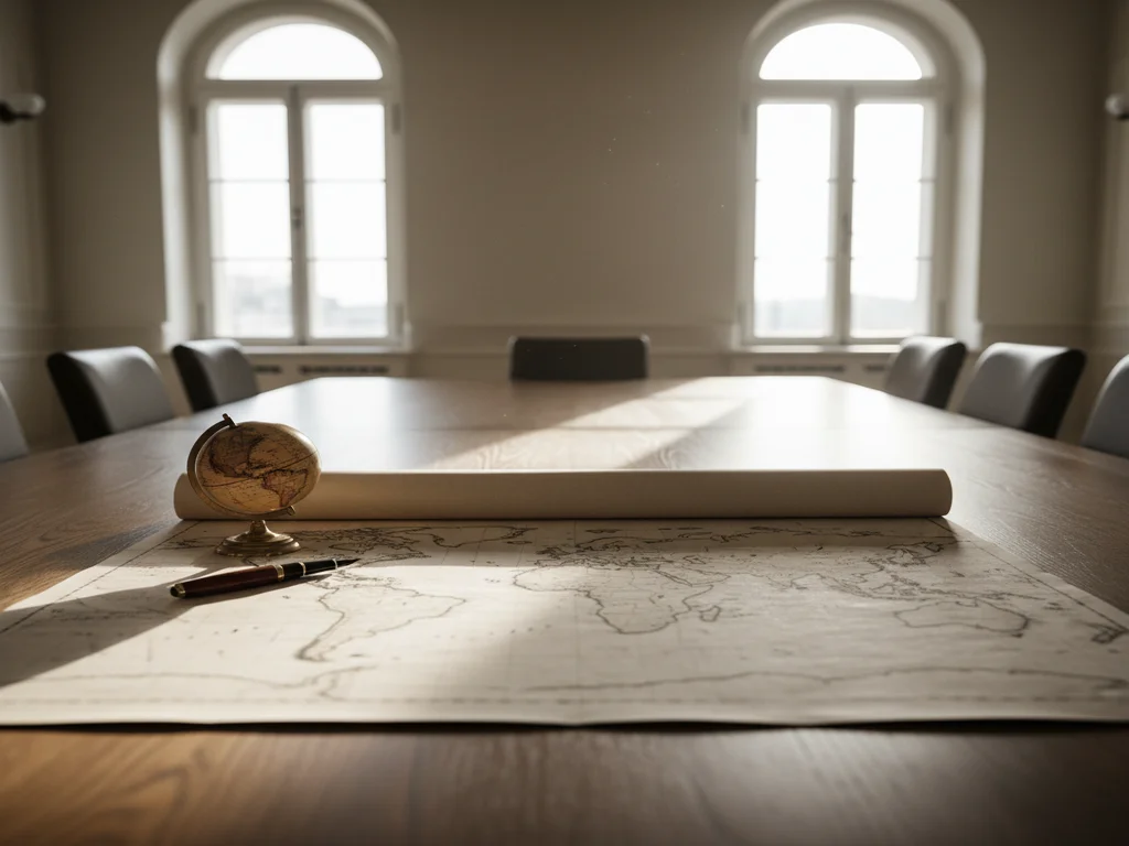Executive strategy room with an antique world map unfurled on a long oak table and a small brass globe beside it