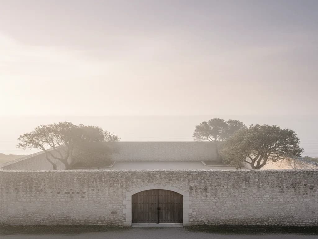 Walled private coastal estate at dawn with a single closed wooden gate and mature trees inside