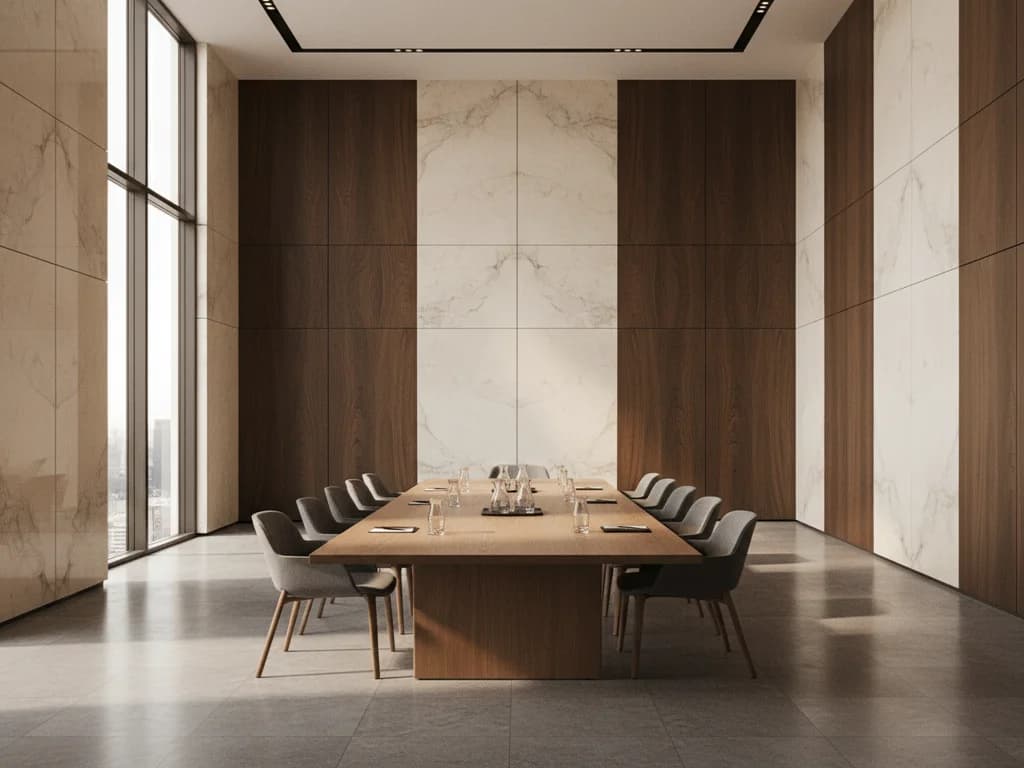 Private wealth advisory office in soft morning light with a polished walnut desk and tall city windows