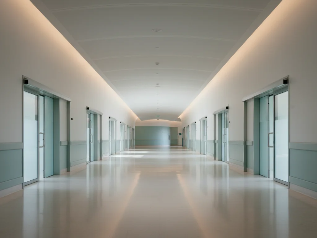 Empty modern hospital corridor with frosted glass doors and pale teal accents