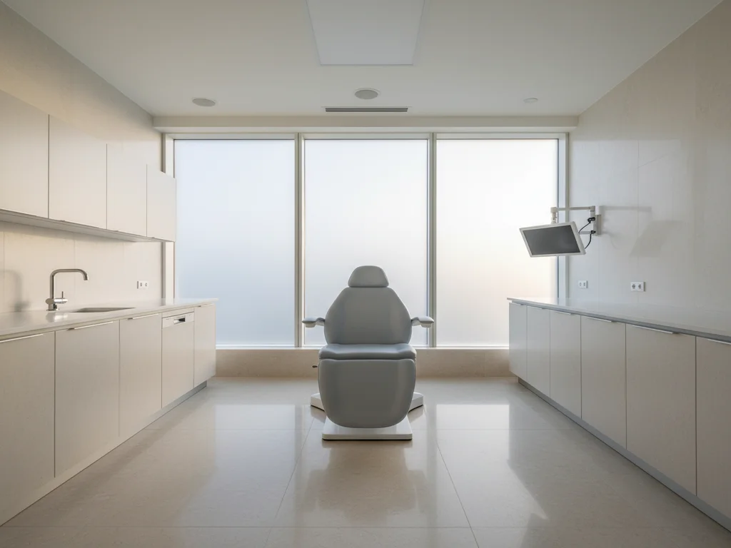 Modern clinical examination suite at daybreak with frosted-glass window and treatment chair