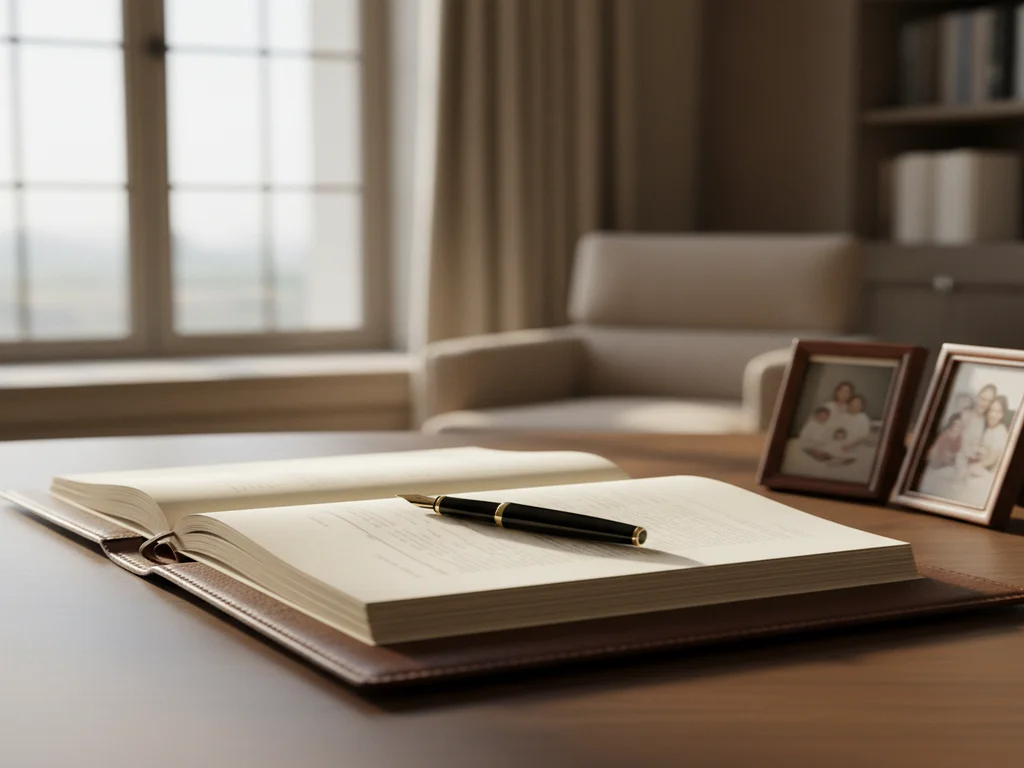 Quiet executive desk with an open document portfolio, fountain pen, and two framed family portraits